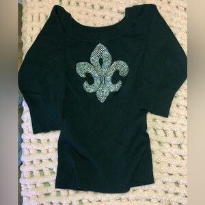 Black Sweater with Rhinestone Fleur-de-Lis